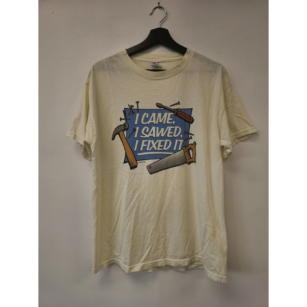 Vintage I Came‎ Sawed Fixed It Shirt Mens L Yellow White Delta Tools DIY Funny